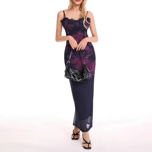 Vista 2 de Tsnbre Vestido largo con estampado floral y tirantes delgados para mujer, sexy, sin espalda, entallado, vestido largo transparente, vestido