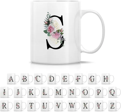 Vista 10 de Retreez Ramo botánico floral inicial A-Z con monograma, taza con monograma de cerámica de 11 onzas, regalo de agradecimiento de agradecimiento
