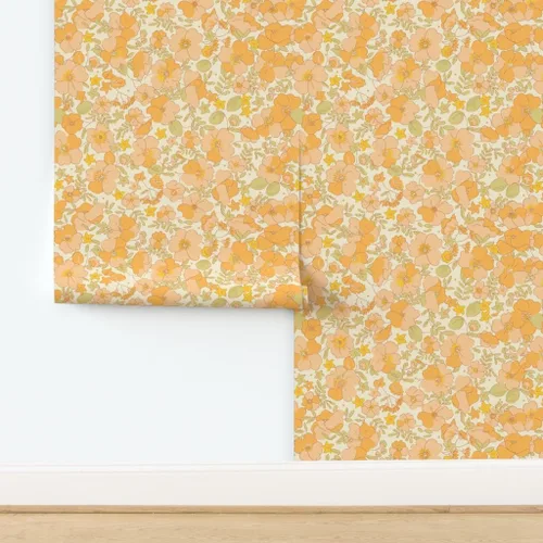 Vista 4 de Papel tapiz para despegar y pegar, diseño floral vintage de los años 70, flores amarillas melocotón, papel tapiz extraíble personalizado Spoonflower