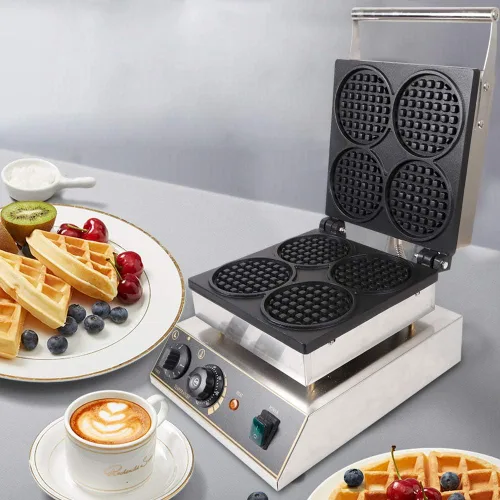 Vista 4 de Máquina de hacer gofres comercial de acero inoxidable de 1750 W, máquina de panadería redonda de 110 V, máquina eléctrica para hacer gofres de acero