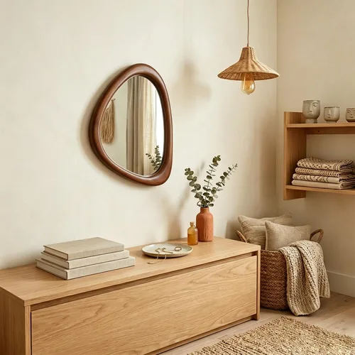 Vista 8 de MAGFLERUM Espejo de pared irregular, espejos de madera asimétrica de 15 x 10 pulgadas, espejo de pared pequeño, para colgar vertical y Nogal negro