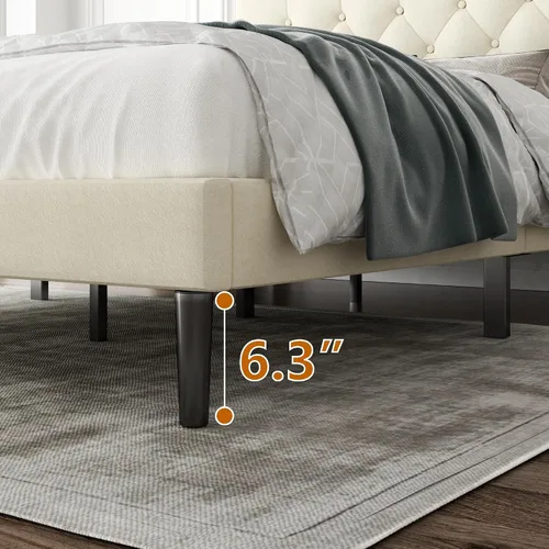 Vista 7 de CXVX Marco de cama de tamaño matrimonial con estructura de plataforma y cabecera tapizada, diseño con botones, listones de madera resistentes,