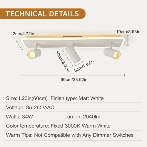 Vista 5 de Jaycomey Lámpara de techo LED moderna de 23 pulgadas, 3 focos ajustables 22.8 in Blanco