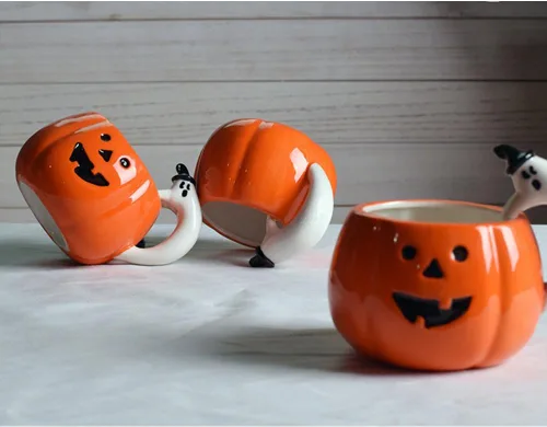 Vista 3 de ZaH Taza de cerámica con diseño de calabaza de Halloween, para fiesta de Halloween, con mango de calabaza, fantasma, naranja, 10 onzas (11.8 fl oz)