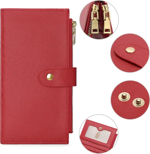 Vista 3 de GOIACII - Carteras para mujer de dos pliegues con bloqueo RFID y 2 bolsillos con cremallera, Rojo, M