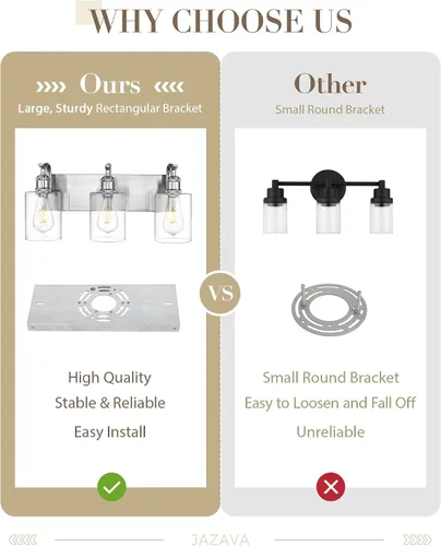 Vista 4 de Lámpara de tocador de baño de 3 luces, aplique de pared de níquel cepillado, lámpara de baño moderna con vidrio transparente, VL01BN-3 Níquel