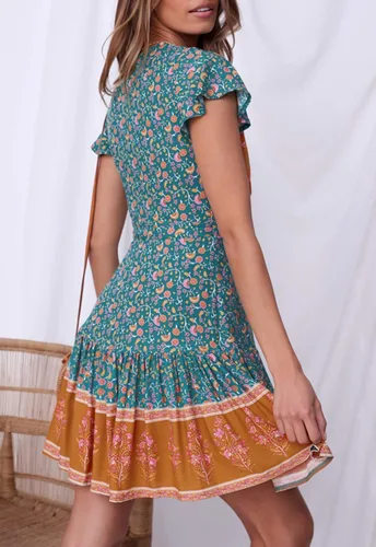 Vista 4 de ZESICA - Vestido corto y envolvente para mujer, diseño de verano con cuello en V, estampado floral bohemio, acampanado, con vuelos, para playa