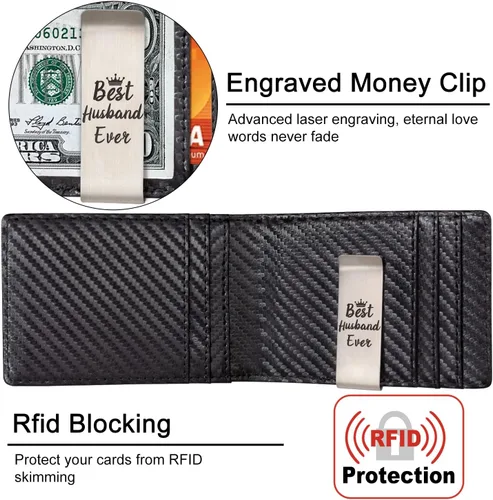 Vista 3 de kullder Billetera de fibra de carbono para hombres, cartera personalizada RFID delgada con clip de aluminio para dinero, soporte para tarjetas