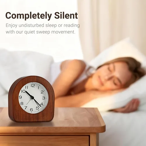 Vista 5 de Reloj despertador analógico vintage de madera maciza, funciona con pilas, con luz nocturna no interrumpida, reloj despertador sin tictac con botón