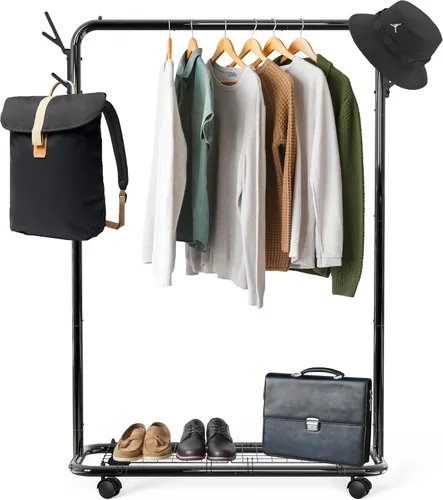 Vista 2 de Simple Houseware Industrial Style 50.4" W Estante de ropa con ruedas y ganchos, negro