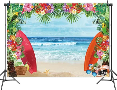 Vista 4 de HQM Fondo de fotos con temática de playa tropical de verano, 5 x 3 pies, tela para conchas de playa, Hawaii, flor de mar azul, para niños