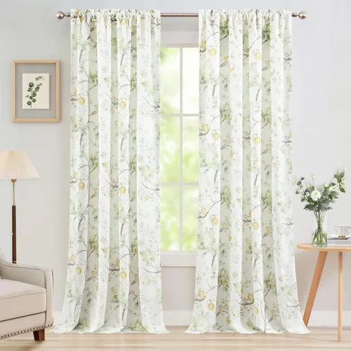 Vista 34 de Leeva Cortinas rústicas de cocina con estampado floral verde mezclado de lino para media ventana, para comedor, bolsillo para barra, cafetería