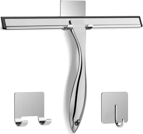Vista 9 de Escobilla de ducha multiusos de acero inoxidable para puertas de ducha con 2 ganchos adhesivos, herramienta de limpieza de baño, escobilla de espejo