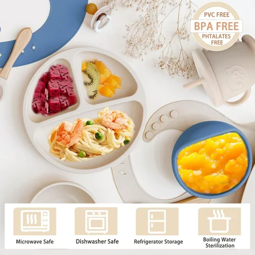 Vista 3 de Juego de Alimentación de Silicona para Bebés Suministros de Destete Dirigido por el Bebé Incluye Tazones con Ventosa y Platos Divididos, Babero