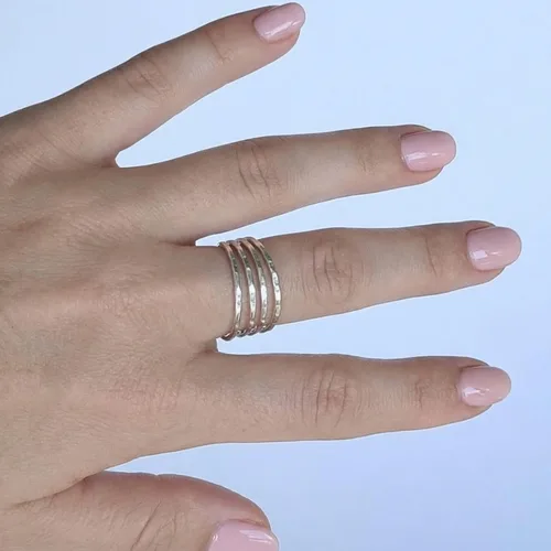 Vista 5 de Anillo ajustable abierto de plata hecho a mano, bolas, hoja, multibanda, plata de ley 925, tamaño 7, anillo de abrazo para mujer, pequeño y delicado