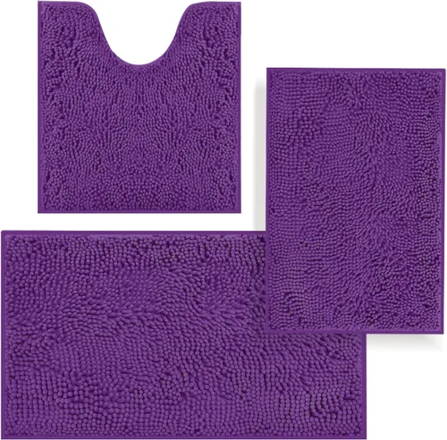 Vista 24 de Juego de alfombras de baño de 3 piezas, tapetes de baño para baño antideslizantes, alfombras de baño de felpilla gruesa, suaves y absorbentes, juego