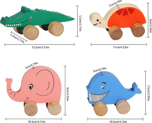 Vista 5 de TOWO - Autos de madera para niños pequeños – Animales sobre ruedas – Vehículos sensoriales de agarre motriz juguete – Camiones de empuje y marcha