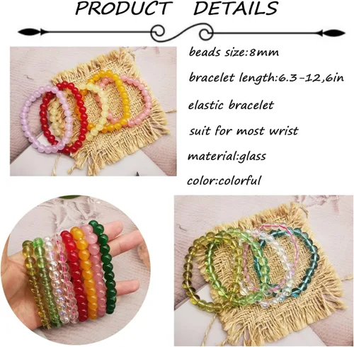 Vista 3 de FINZOR 28 pulseras elásticas de cuentas de 0.315in hechas a mano redondas de cristal para mujeres, pulseras de cuentas elásticas multicolor