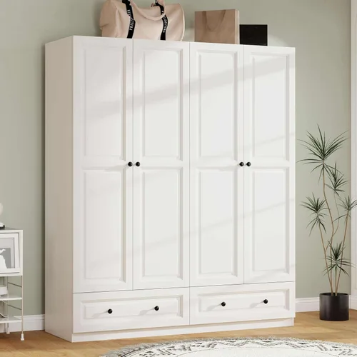 Vista 8 de Armario de dormitorio con cajones: armario de madera de 74 pulgadas con 3 puertas, armarios negros con 2 cajones, armario alto con estantes y ropa