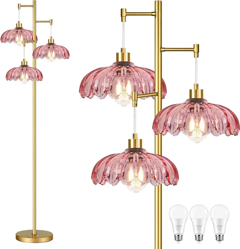 Vista 16 de ZECOXOL Lámparas de pie doradas para sala de estar dormitorio - Lámpara de pie de vidrio de 3 luces con tres bombillas LED, lámpara de pie alta