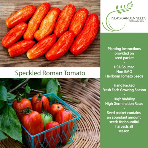 Vista 2 de Semillas de tomate romano moteadas (Lycopersicon lycopersicum) – Más de 100 semillas tradicionales sin OMG de Isla's Garden Seeds, pasta a rayas