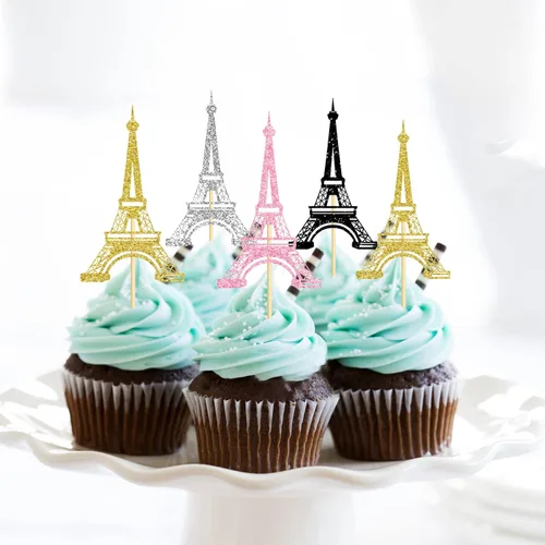 Vista 6 de 24 adornos para cupcakes de la Torre Eiffel, purpurina de doble cara Decoración para tartas de París, decoraciones de fiesta temática de París