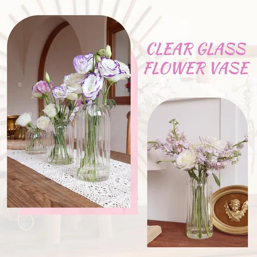 Vista 4 de Juego de 6 jarrones pequeños de vidrio para flores, modernos jarrones cilíndricos acanalados para centros de mesa de boda, decoración de sala