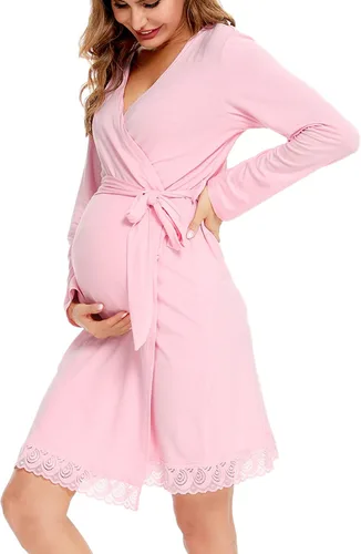Vista 17 de SWOMOG Women's Maternity Nursing Robe Pregnancy Breastfeeding Bathrobes 3 in 1 Labor Delivery Nightgown Negro (Long Sleeve-Black)