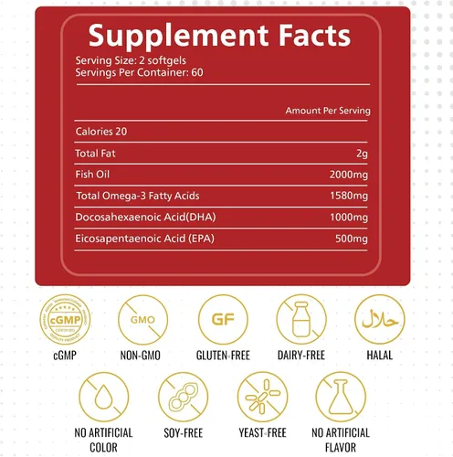 Vista 3 de KEN Aceite de pescado Omega 3 de triple fuerza con DHA 1000 mg y EPA 500 mg, ácidos grasos Omega 3 para apoyo nutricional, sin OMG 120 cápsulas