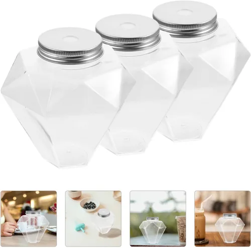 Vista 3 de Kichvoe Botellas de plástico transparente con forma de diamante con tapas, botellas de bebidas multiusos de 17 onzas para almacenamiento de jugo