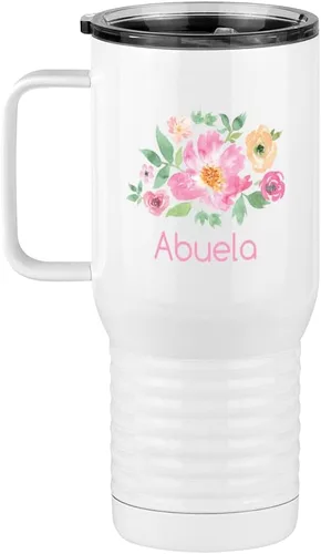 Vista 3 de Just So Posh Abuela Flowers Tumbler, Vaso de Café de Viaje con Asa y Tapa Deslizante, Blanco 20 oz Polar Camel, Acero Inoxidable, Aislado al Vacío