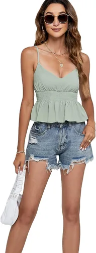 Vista 6 de LYANER Camiseta corta con cuello en V y cintura elástica plisada con volantes y dobladillo sin mangas