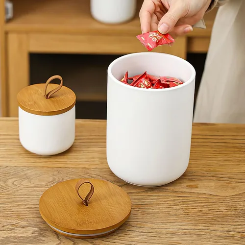 Vista 7 de Juego de 3 recipientes de cerámica para cocina, recipiente hermético con tapa de bambú, recipientes de café de cerámica para encimera, recipientes
