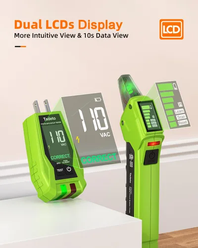 Vista 2 de Tadeto Herramienta de búsqueda de disyuntores con probador de salida, rápidamente GFCI, voltaje, probador eléctrico con pantalla LCD doble, enchufe