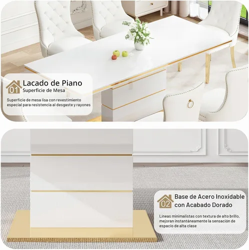 Vista 4 de Mesa de comedor moderna para 6 personas, mesa de comedor grande de cocina de 63 pulgadas con parte superior de laca para hornear, placa base de Mesa