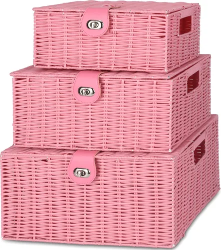 Vista 12 de Honygebia - Canastas de almacenamiento de mimbre negro - Juego de 3 cajas decorativas anidadas con tapas, canasta tejida con cerradura y asa