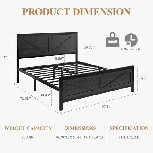 Vista 2 de DOGIBIXO Marco de cama tamaño completo con luces LED y carga USB, marco de cama de plataforma industrial con cabecera de puerta de granero