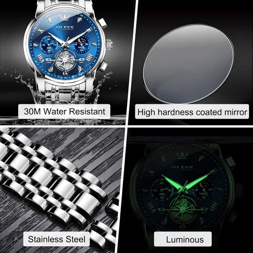 Vista 4 de OLEVS Reloj cronógrafo de acero inoxidable para hombre, reloj de cuarzo analógico de muñeca grande, resistente al agua, con números romanos