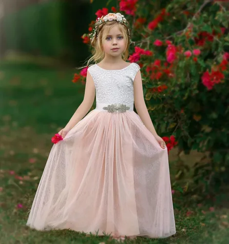 Vista 4 de MCieloLuna Vestidos de tul de longitud completa con encaje en la espalda para niña con lazo para fiesta, cumpleaños, primera comunión MC27
