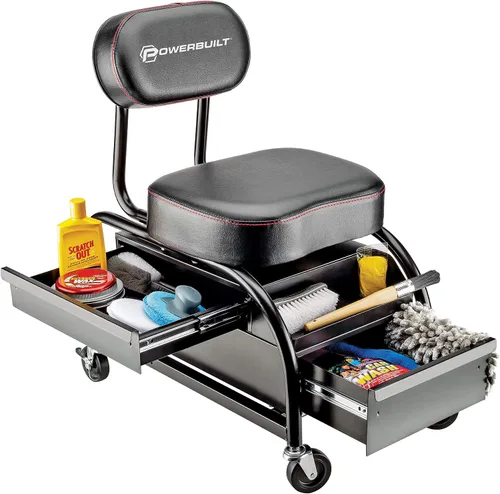 Vista 3 de Powerbuilt Asiento de rodillo profesional para detalladores de automóviles y mecánicos, taburete de garaje resistente con asiento y respaldo