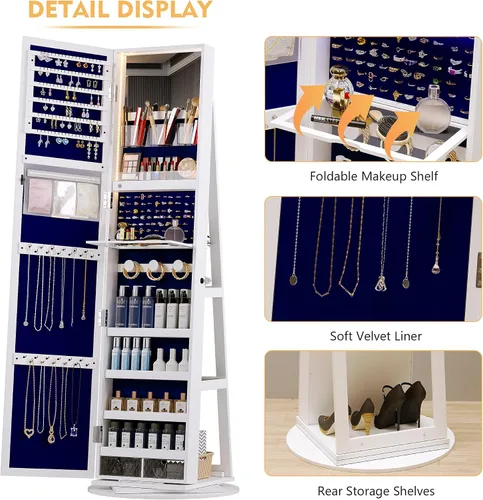 Vista 5 de Lvifur Armario de joyería con espejo giratorio de 360, gran capacidad de 63 pulgadas, armario organizador de joyas con cerradura con estantes