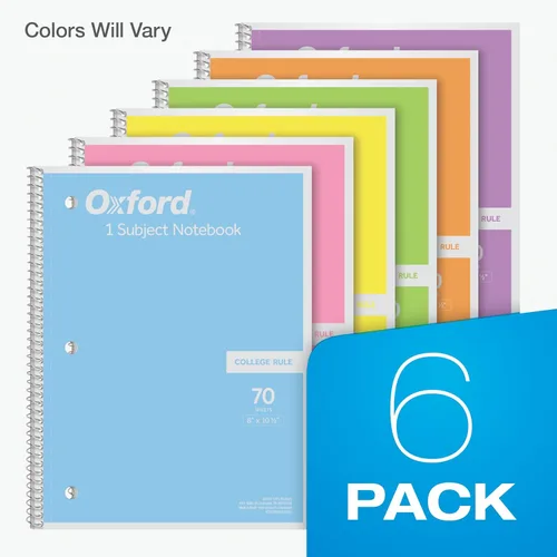 Vista 7 de Oxford Cuaderno de espiral, 1 materia, papel rayado universitario, 8 x 10-1/2 pulgadas, rosa pastel, naranja, amarillo, verde, azul y morado, 70