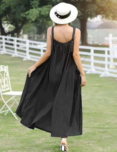 Vista 3 de YESNO Vestido largo para mujer con bolsillos estilo bohemio de verano con correa ancha ajustable con botones E96