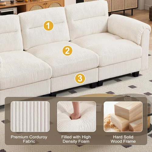 Vista 5 de HAOMARKETS Sofá esquinero modular en forma de L de 115 pulgadas con 2 otomanas móviles, sofás de pana de 8 plazas con cojín grueso para sala de Beige