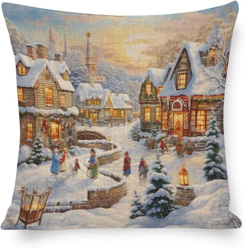 Vista 10 de Fundas de almohada de 16 x 16 pulgadas, diseño de pueblo de invierno, decoración de Navidad, para sofá, sala de estar, dormitorio