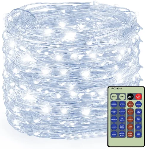 Vista 14 de Decute - Tira de luces de hadas de 300 LED de 99 pies de alambre plateado para árbol de Navidad, con control remoto, luz estrellada tipo luciérnaga