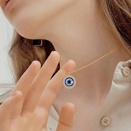 Vista 7 de Evil Eye Necklace Third Blue Eyes Amulet Pendant Dainty Ojo Gold Chain Necklace Kabbalah Protection Adjustable Fashion Jewelry Gift for Women and