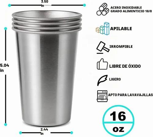 Vista 2 de Paquete de 12 vasos de acero inoxidable de 16 onzas, saludables, irrompibles y apilables, vasos de metal para beber, vasos de cerveza