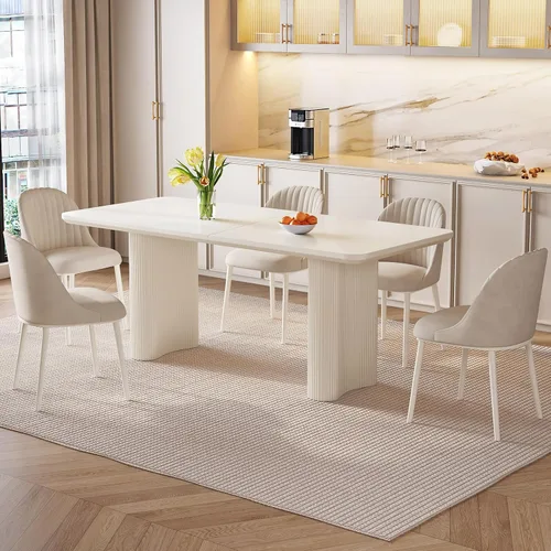 Vista 8 de Mesa de Comedor Rectangular de 63" con 6 Sillas, Mesa de Cocina Moderna Blanca con Juego de Sillas para Sala de Estar, Comedor y Cocina Blanco-A