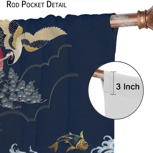 Vista 6 de Cortinas de estilo japonés, grúas onduladas, luna llena dorada, cortinas opacas para sala de estar, dormitorio, puerta Noren, azul marino, peces
